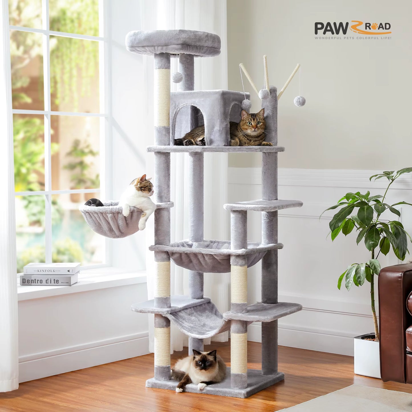 Large Tree Tower for Indoor, Tall Cat Climbing Trees with Scratching Post, Super Big Perch, Cozy Condo, 7-Level, H175Cm