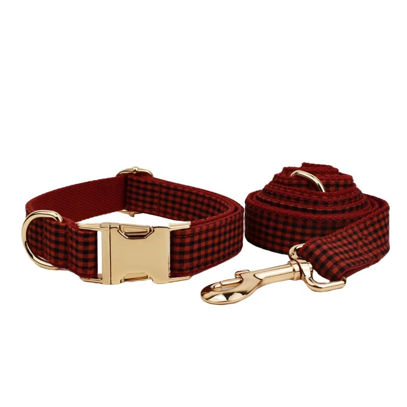 New Arrival Customized Designer Logo Gray Lattice on Soft Cotton Dog Collar Leashes Harness Poo Bag Holder Bow Set Grid04