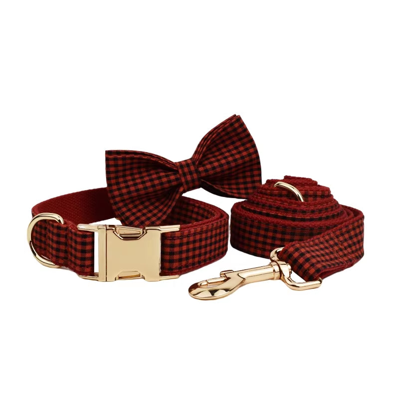 New Arrival Customized Designer Logo Gray Lattice on Soft Cotton Dog Collar Leashes Harness Poo Bag Holder Bow Set Grid04