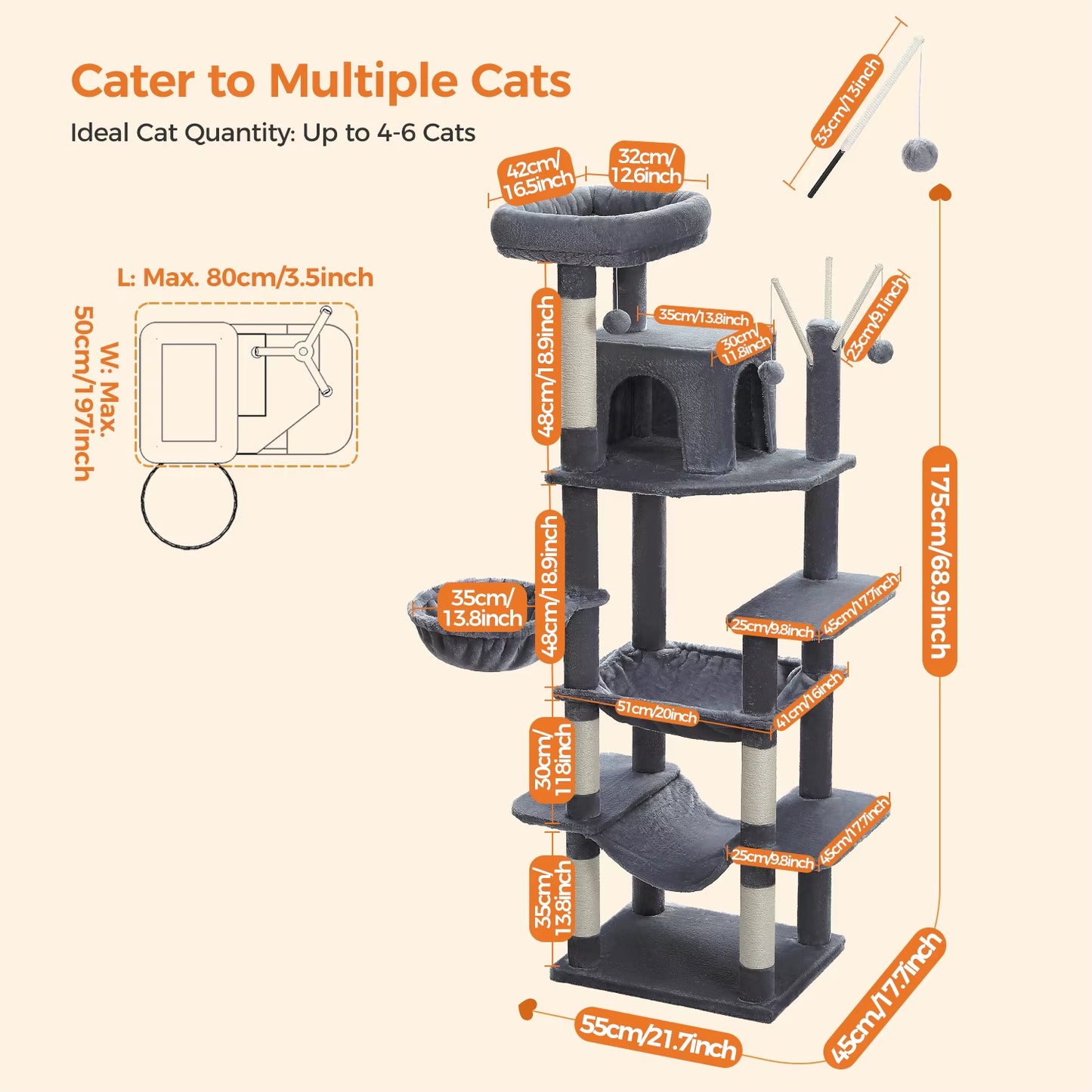 Large Tree Tower for Indoor, Tall Cat Climbing Trees with Scratching Post, Super Big Perch, Cozy Condo, 7-Level, H175Cm