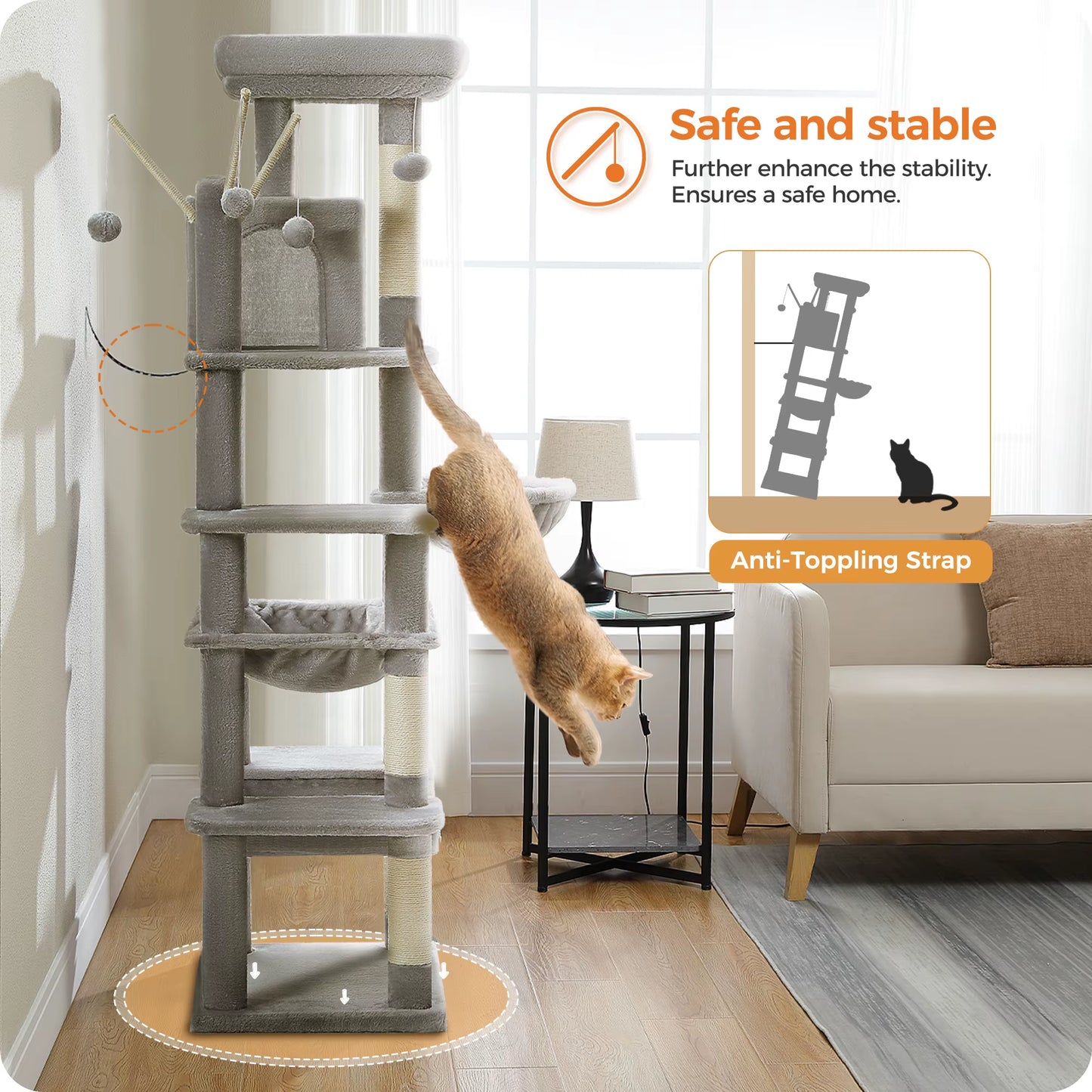 Large Tree Tower for Indoor, Tall Cat Climbing Trees with Scratching Post, Super Big Perch, Cozy Condo, 7-Level, H175Cm