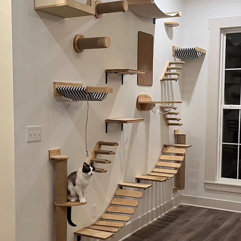 Cat Tree Cat Wall Mounted Climbing Wooden Shelves Posts Ladders with Hammock and Cat House Cat Bridge for Kittens Perch Sleeping