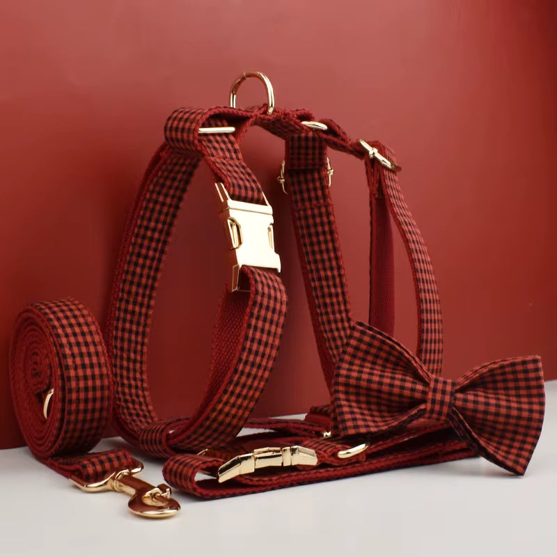 New Arrival Customized Designer Logo Gray Lattice on Soft Cotton Dog Collar Leashes Harness Poo Bag Holder Bow Set Grid04