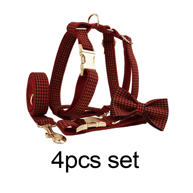New Arrival Customized Designer Logo Gray Lattice on Soft Cotton Dog Collar Leashes Harness Poo Bag Holder Bow Set Grid04