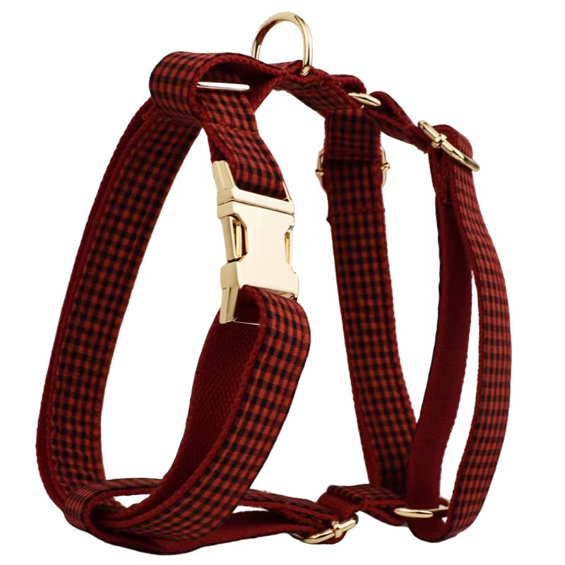 New Arrival Customized Designer Logo Gray Lattice on Soft Cotton Dog Collar Leashes Harness Poo Bag Holder Bow Set Grid04