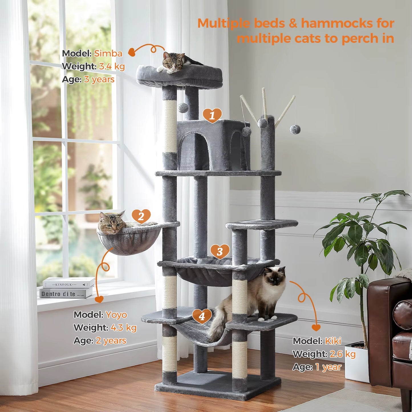 Large Tree Tower for Indoor, Tall Cat Climbing Trees with Scratching Post, Super Big Perch, Cozy Condo, 7-Level, H175Cm