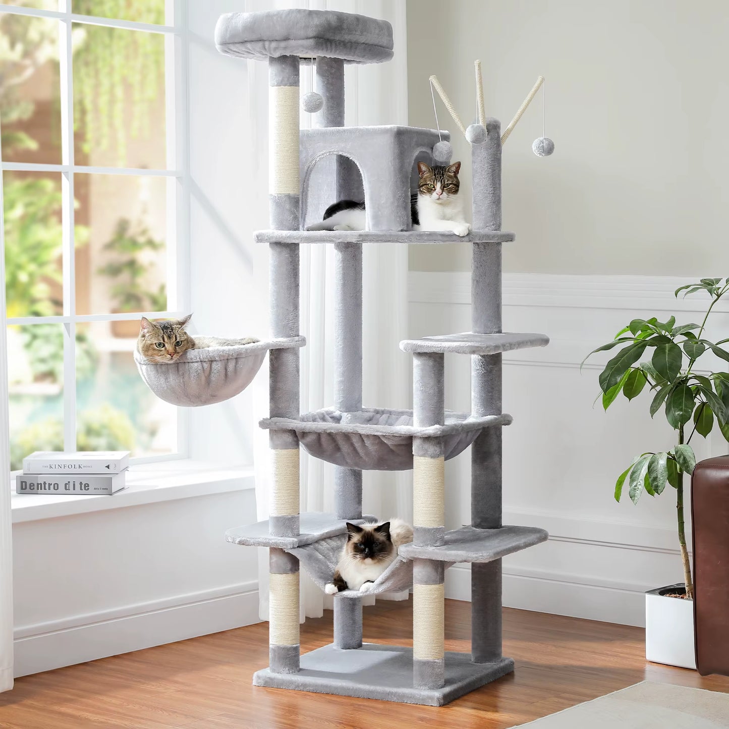 Large Tree Tower for Indoor, Tall Cat Climbing Trees with Scratching Post, Super Big Perch, Cozy Condo, 7-Level, H175Cm