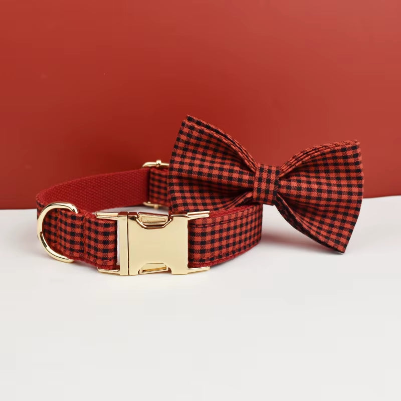 New Arrival Customized Designer Logo Gray Lattice on Soft Cotton Dog Collar Leashes Harness Poo Bag Holder Bow Set Grid04
