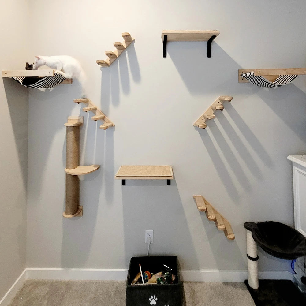 Cat Tree Cat Wall Mounted Climbing Wooden Shelves Posts Ladders with Hammock and Cat House Cat Bridge for Kittens Perch Sleeping