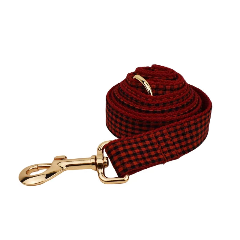 New Arrival Customized Designer Logo Gray Lattice on Soft Cotton Dog Collar Leashes Harness Poo Bag Holder Bow Set Grid04