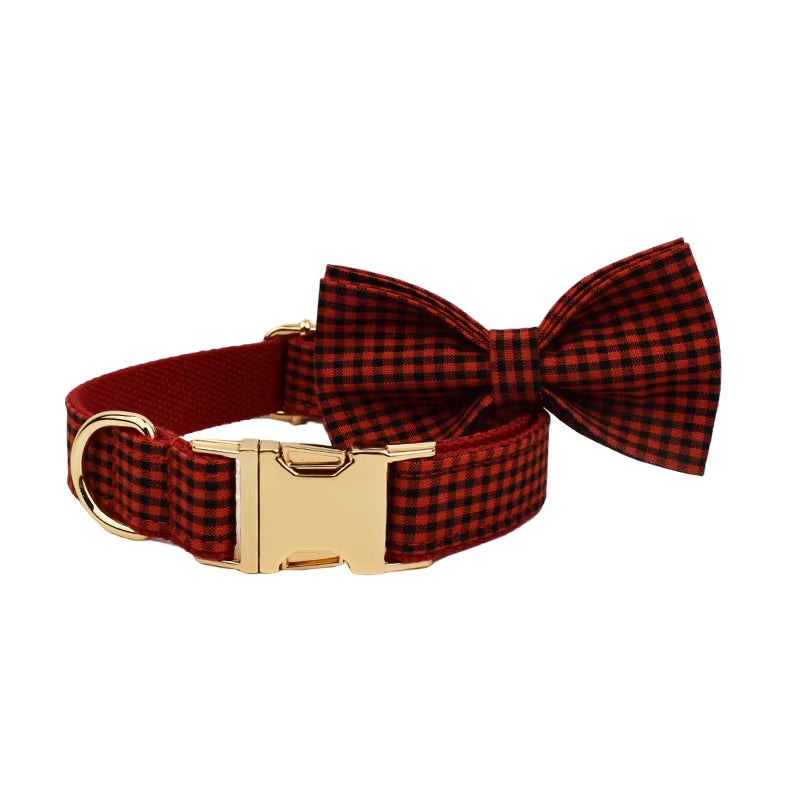 New Arrival Customized Designer Logo Gray Lattice on Soft Cotton Dog Collar Leashes Harness Poo Bag Holder Bow Set Grid04