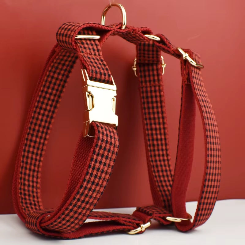 New Arrival Customized Designer Logo Gray Lattice on Soft Cotton Dog Collar Leashes Harness Poo Bag Holder Bow Set Grid04