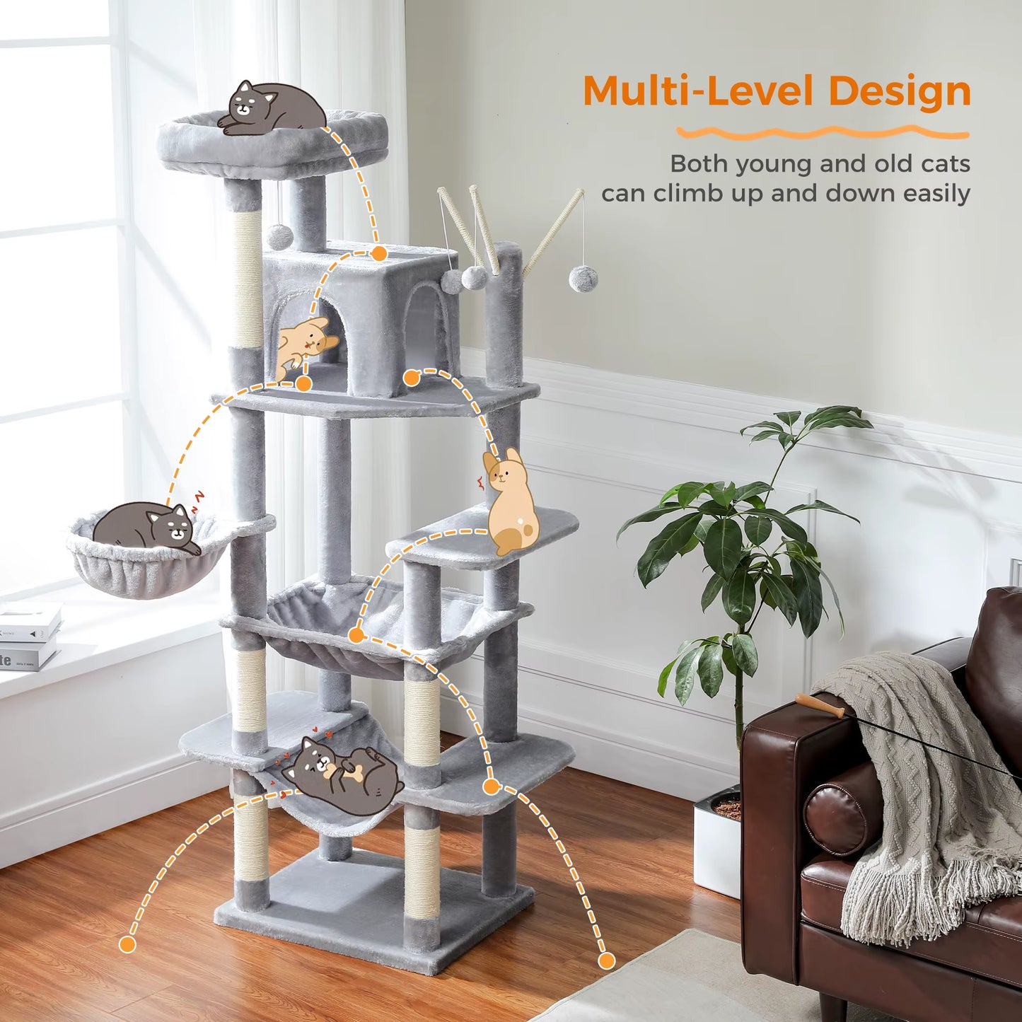 Large Tree Tower for Indoor, Tall Cat Climbing Trees with Scratching Post, Super Big Perch, Cozy Condo, 7-Level, H175Cm