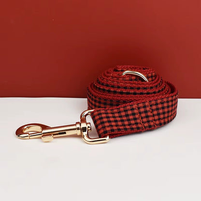 New Arrival Customized Designer Logo Gray Lattice on Soft Cotton Dog Collar Leashes Harness Poo Bag Holder Bow Set Grid04