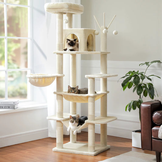 Large Tree Tower for Indoor, Tall Cat Climbing Trees with Scratching Post, Super Big Perch, Cozy Condo, 7-Level, H175Cm