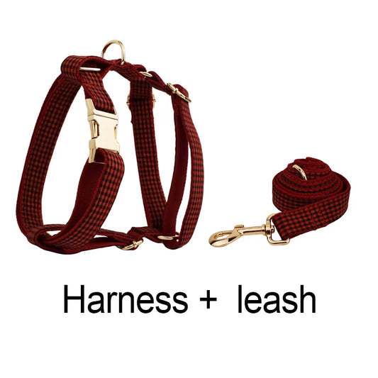 New Arrival Customized Designer Logo Gray Lattice on Soft Cotton Dog Collar Leashes Harness Poo Bag Holder Bow Set Grid04