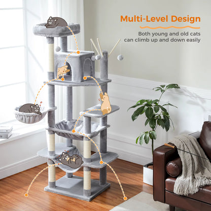 Large Tree Tower for Indoor, Tall Cat Climbing Trees with Scratching Post, Super Big Perch, Cozy Condo, 7-Level, H175Cm